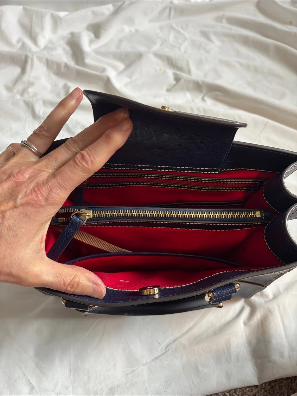 Dooney & Bourke Structured Navy Leather Top-Handle Tote with Gold Accent